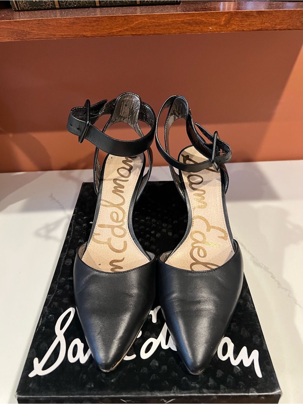 Sam Edelman Black Pointed-Toe Ankle-Strap Heels